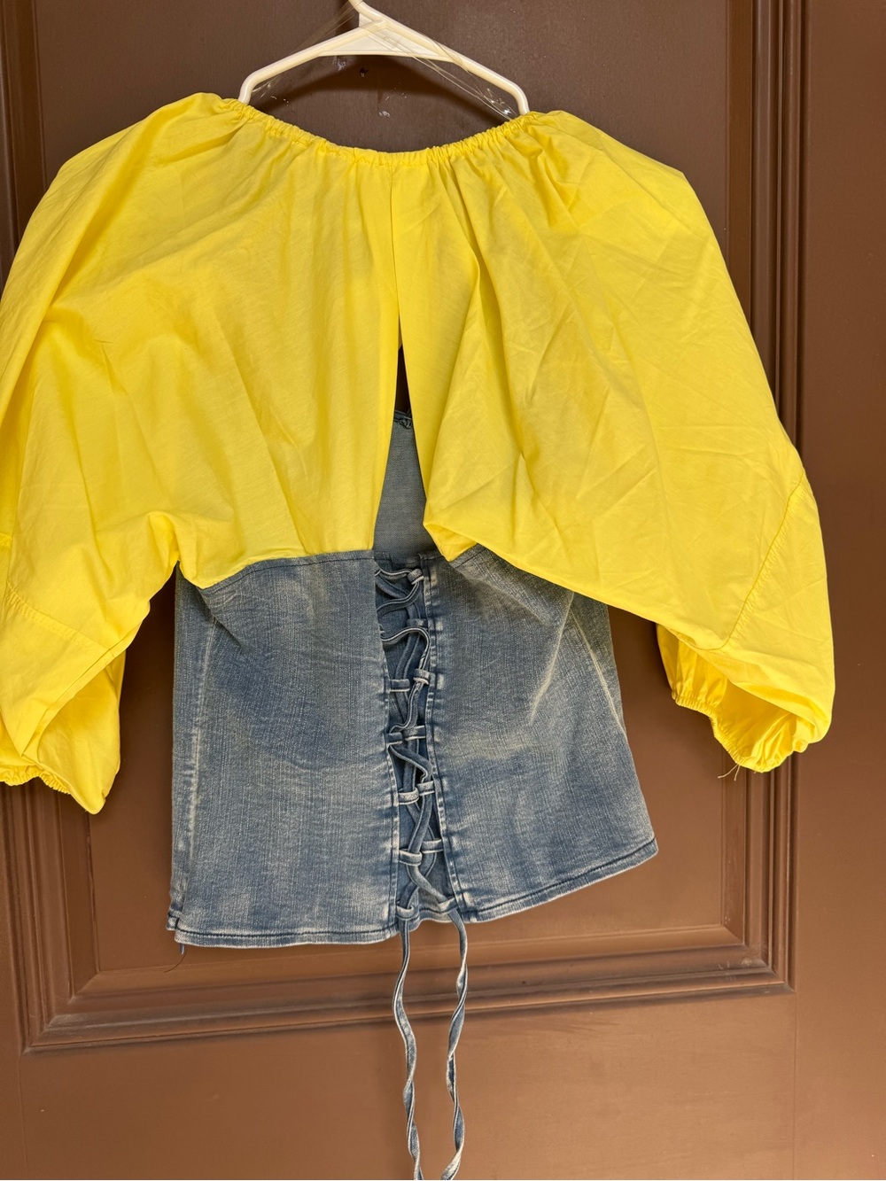 Pastels Bright Yellow and denim back corset Puff Sleeve Top size L
